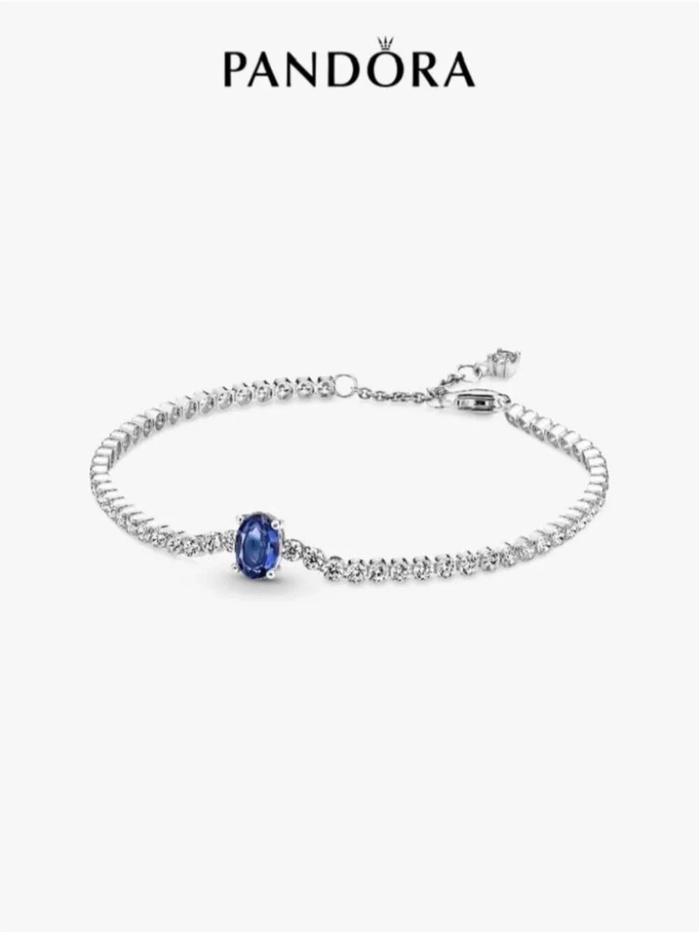 Pandora Silver Tennis Bracelet with Blue Oval Gem